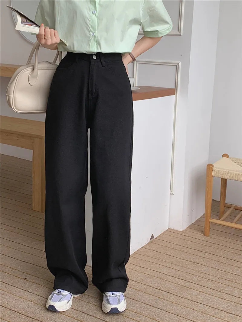 Korean Sle Simple Pure Color Wide Leg Jeans Pants for Women Summer Season Fall Collection Faion Ladies Premium Denim