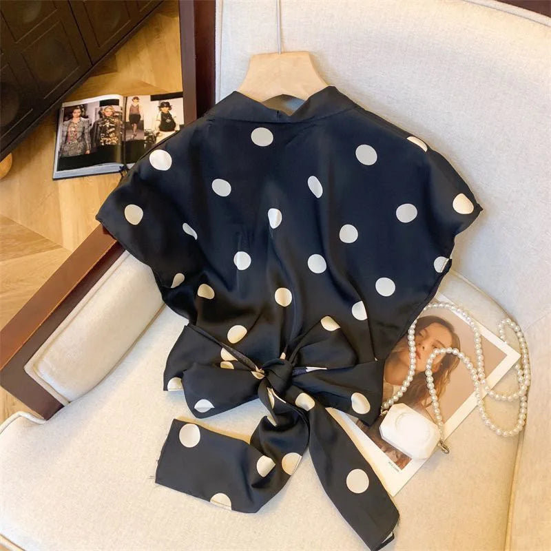 Sexy Cropped Dot Shirt Women Vintage Slim V Neck Short Sleeve Design Blouse French Retro Casual Bow Lace Up Summer Elegant Tops