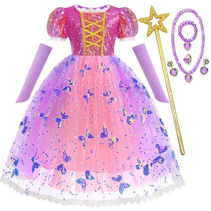 Rapunzel Short Sleeve Purple Puffy Dress + Accessories Girls Cosplay Rapunzel Summer Casual Dress Birthday Party Gift