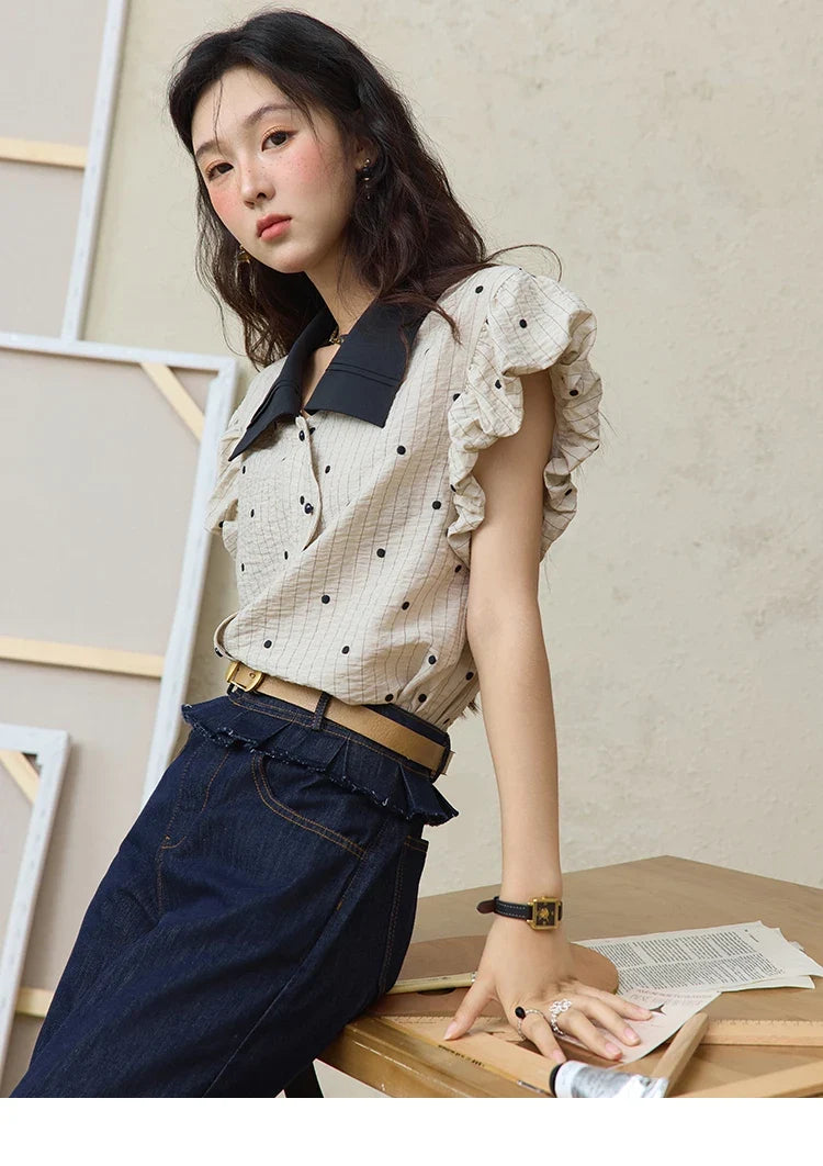 Summer Office Lady Blouses Women 2025 Short Sleeve Turn-down Collar Polka Dot Shirts Female Fashion Slim Tops MXE31C0776