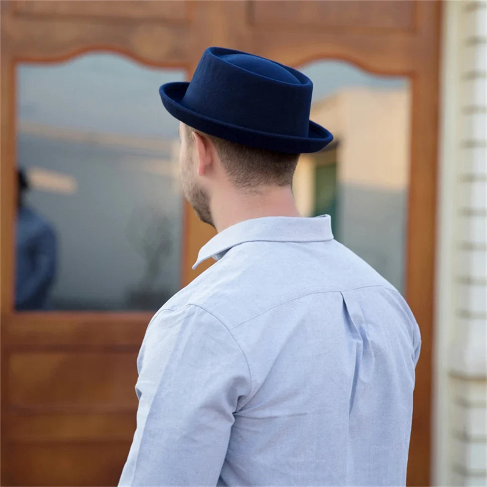 100% Wool Pork Pie Fedora Hat for Women Men Autumn Winter Felt Curved Brim Porkpie Hat