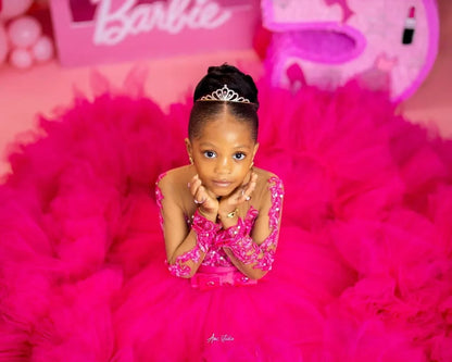 Fuchsia Princess Girls Birthday Party Dress Tiered Ruffles Long Sleeve Flower Girl Dresses for Wedding Kids Prom Gown Customized