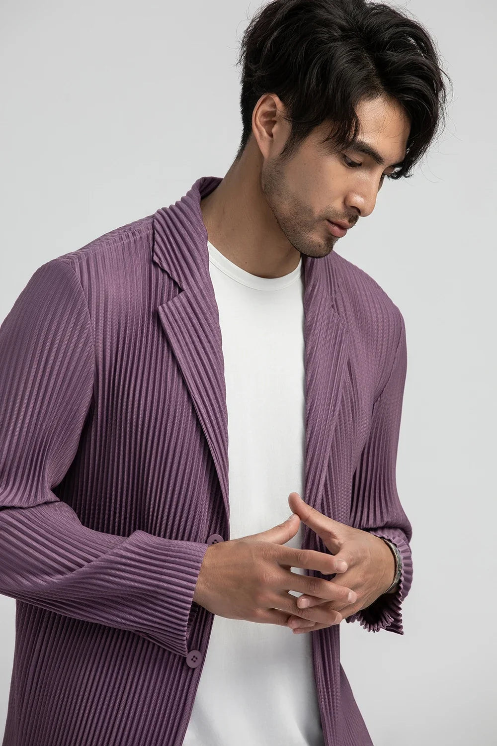 Pleated Blazer Black Suits For Men High Quality Casual Japanese Style Blazers Stretch Fabric Slim Fit Coat