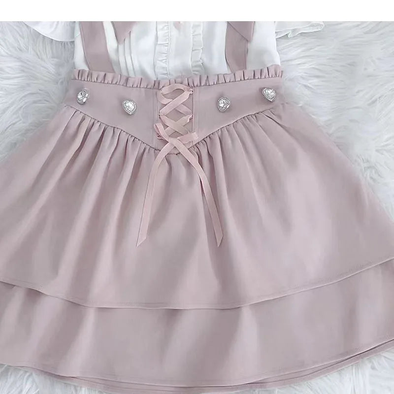 Japanese Sweet Lolita Ruffles Bow Short Suspender Skirt Girls Gothic Plaid Bandage Party Mini Skirts Y2k Casual A-Line Skirts
