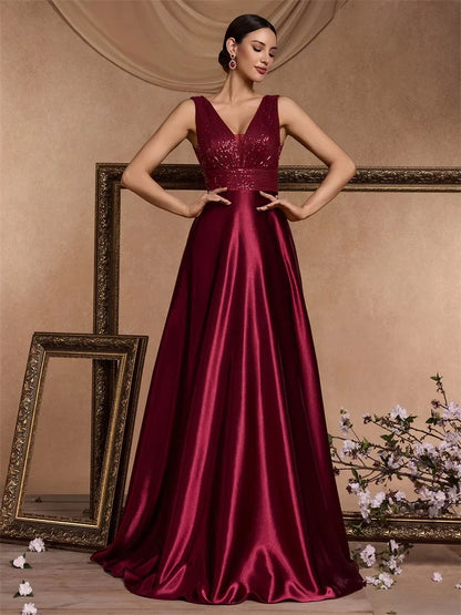 Elegant Sequins Evening Dress For Women 2024 Deep V-neck Satin Prom Party Green Dress Floor Length Blue Formal Gowns