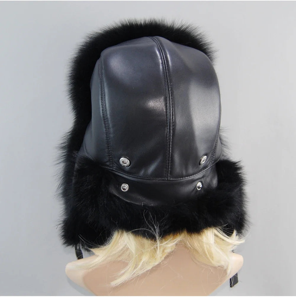 100% Real Fox Fur Hat Women's Russian Ushanka Aviator Trapper Snow Skiing Hat Caps Earflap Winter Raccoon Fur Bomber Hat
