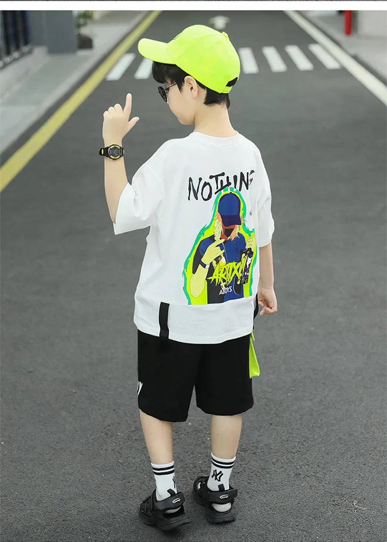 Kpop Boys Clothes Sets 2026 Summer Teen Kids Fashion Letter Print Short Sleeve T-shirt+Shorts 2Pcs Children Tracksuit Outfits
