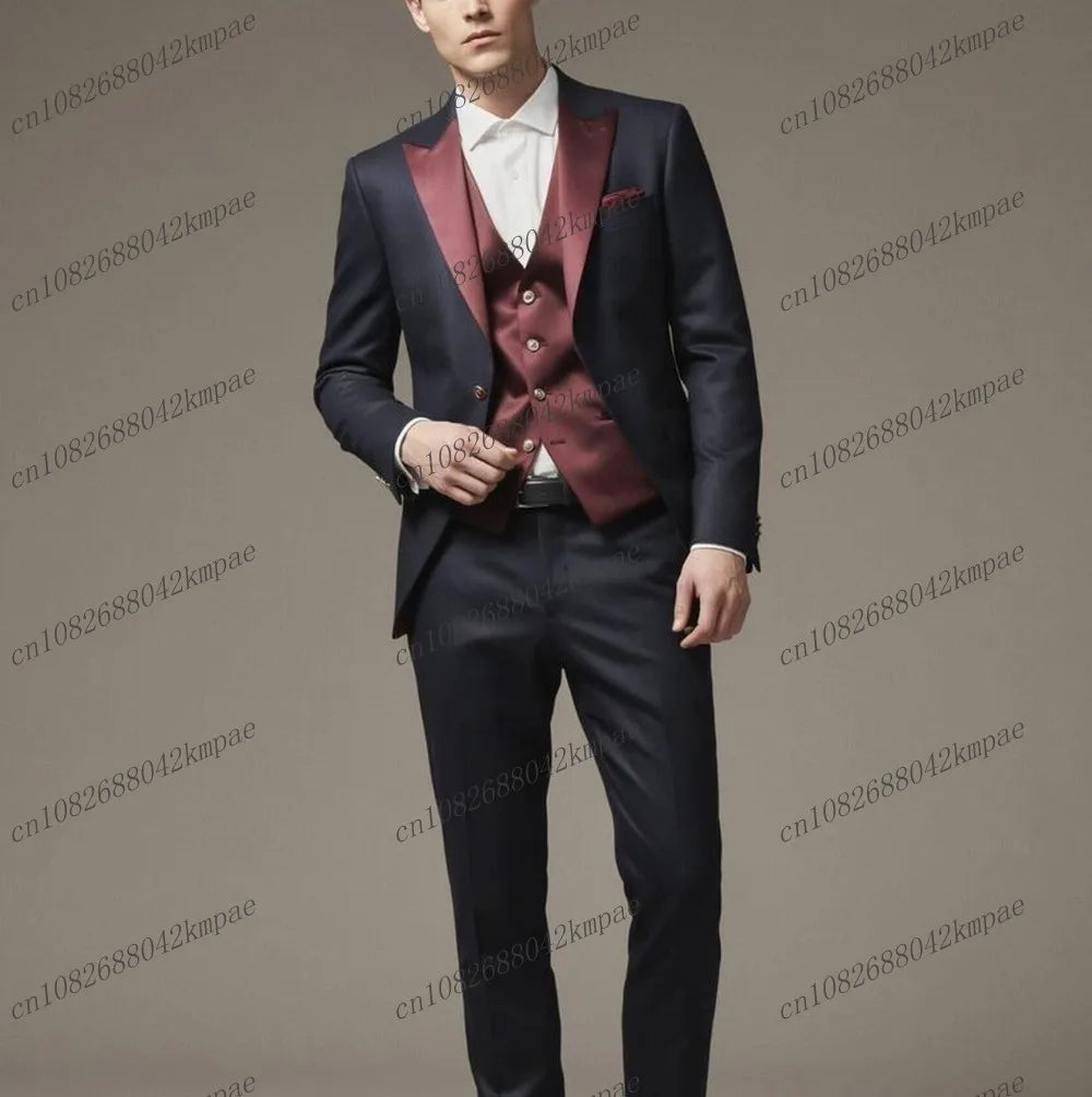Dark Blue And Burgundy Formal Men Suit Groom Groomsman Wedding Party Prom Business Male Tuxedos 3 Piece Set Blazer Vest Pants