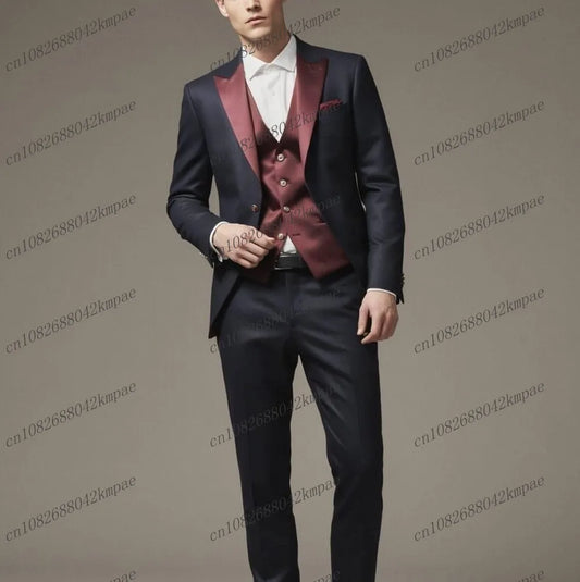 Dark Blue And Burgundy Formal Men Suit Groom Groomsman Wedding Party Prom Business Male Tuxedos 3 Piece Set Blazer Vest Pants