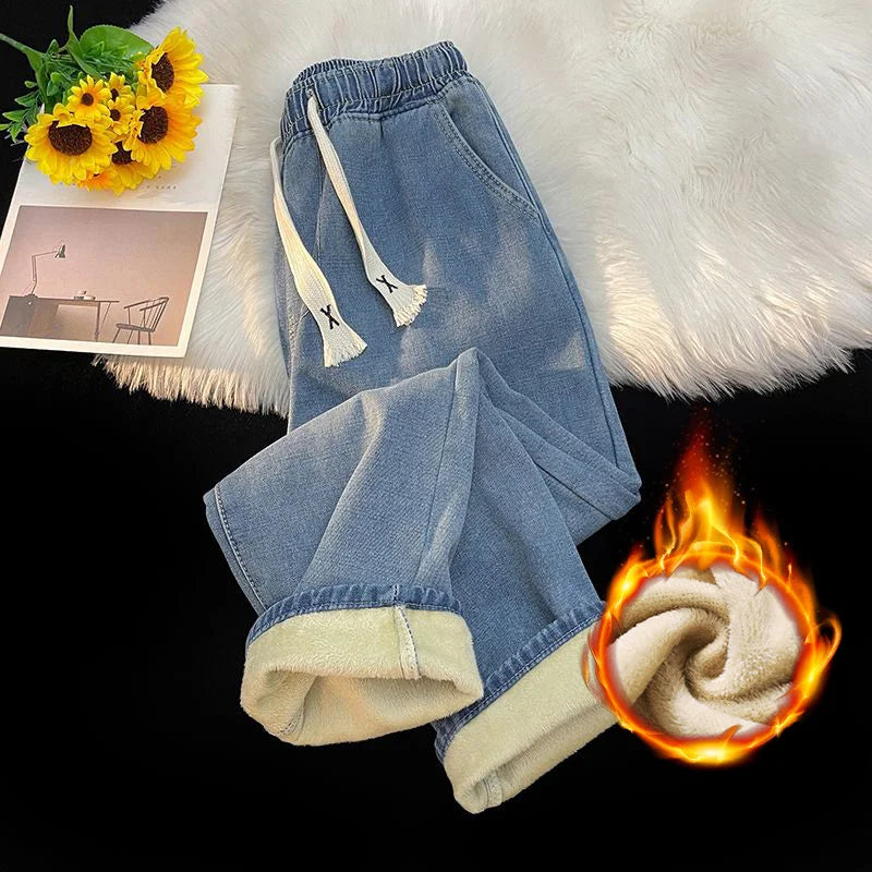 Thick Winter Straight Men's Jeans Fleece Warm Loose Plush Trousers Fashion Casual Wide-leg Plush Denim Pants Male