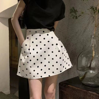 Victorian Sle Polka Dot Puffy  Skirt High Waist Midi Skirts White Flower Bloom f-length Women's Faion Summer 2024