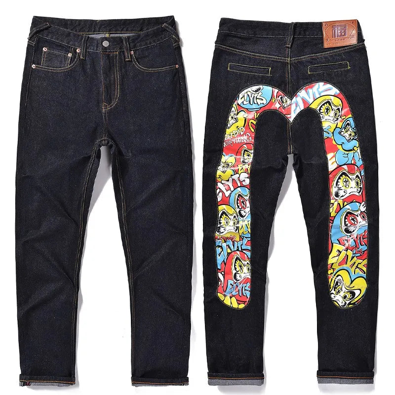 Japanese Handmade Embroidered Jeans Men's Pure Cotton Straight Tube Hip-Hop Popular Slim Red Ears Show Thin Trousers Devil