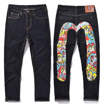 Japanese Handmade Embroidered Jeans Men's Pure Cotton Straight Tube Hip-Hop Popular Slim Red Ears Show Thin Trousers Devil