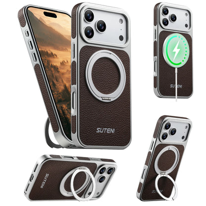 Faux Leather Magnet Wireless Charging Phone Case 360° Rotating Stand Ring Buckle Frosted Feel For iPhone 17 Pro Max 16 15