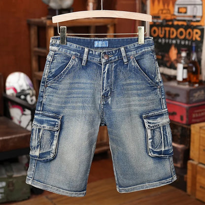 American Style Workwear Denim Shorts Summer Elastic Outdoor Trendy Brand Multi-pocket Loose Shorts Y2k Street Knee-high Pants
