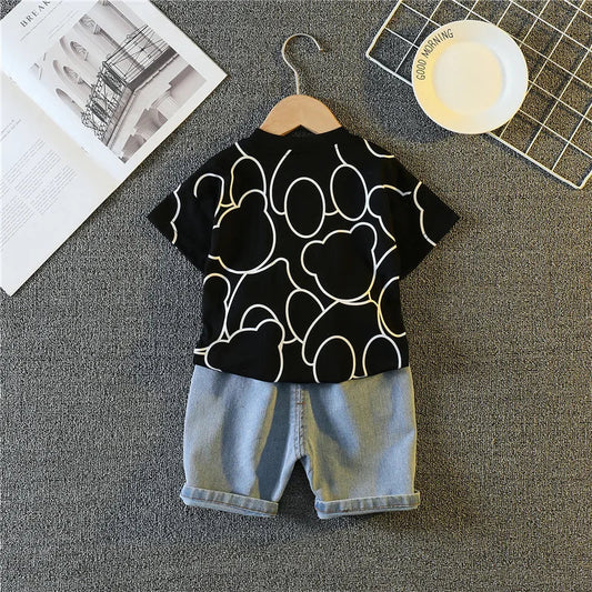 Summer Baby Boys Carttoon T-Shirt And Denim Shorts Set Toddler Infant Casual Clothing Outfit Kids Children's Clothing Suit
