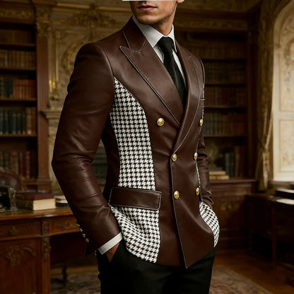 Men’s Brown Leather Blazer With Houndstooth Sides Vintage Two-Tone Double Breasted Slim Fit Gold Buttons Leather Tuxedo Jacket