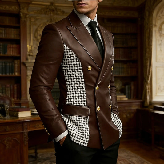 Men’s Brown Leather Blazer With Houndstooth Sides Vintage Two-Tone Double Breasted Slim Fit Gold Buttons Leather Tuxedo Jacket