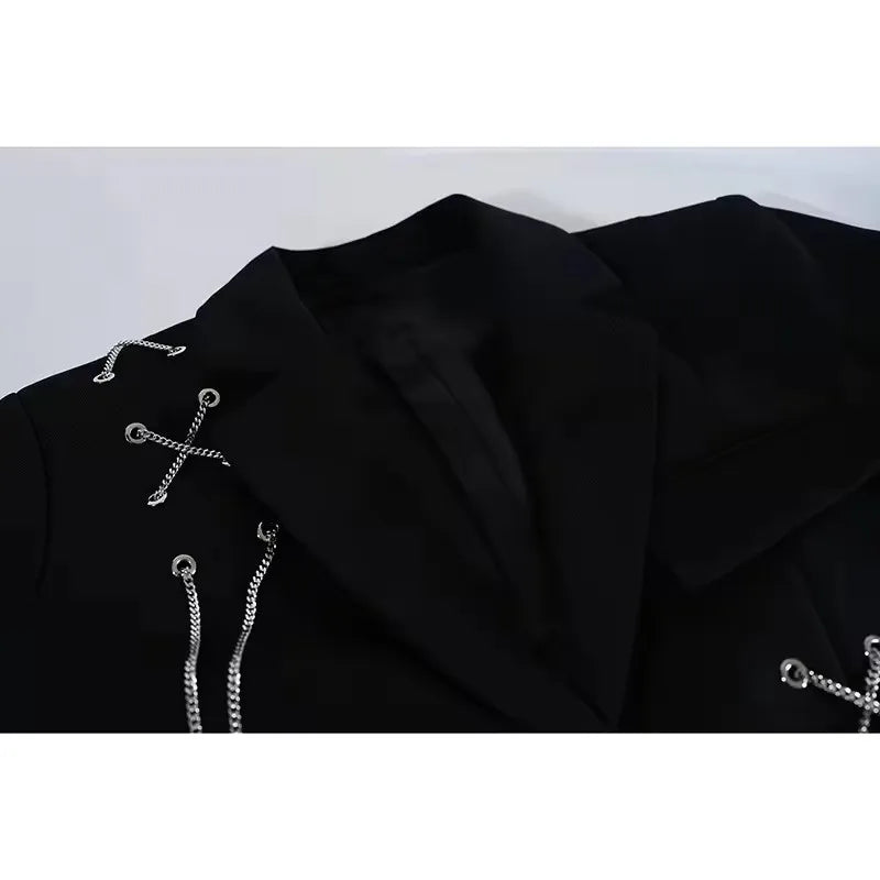 Women Punk Gothic Cropped Blazer with Metal Chain Tops Autumn Chic Patchwork Suit Office Lady Commute Short Jackt Streetwear
