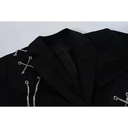 Women Punk Gothic Cropped Blazer with Metal Chain Tops Autumn Chic Patchwork Suit Office Lady Commute Short Jackt Streetwear