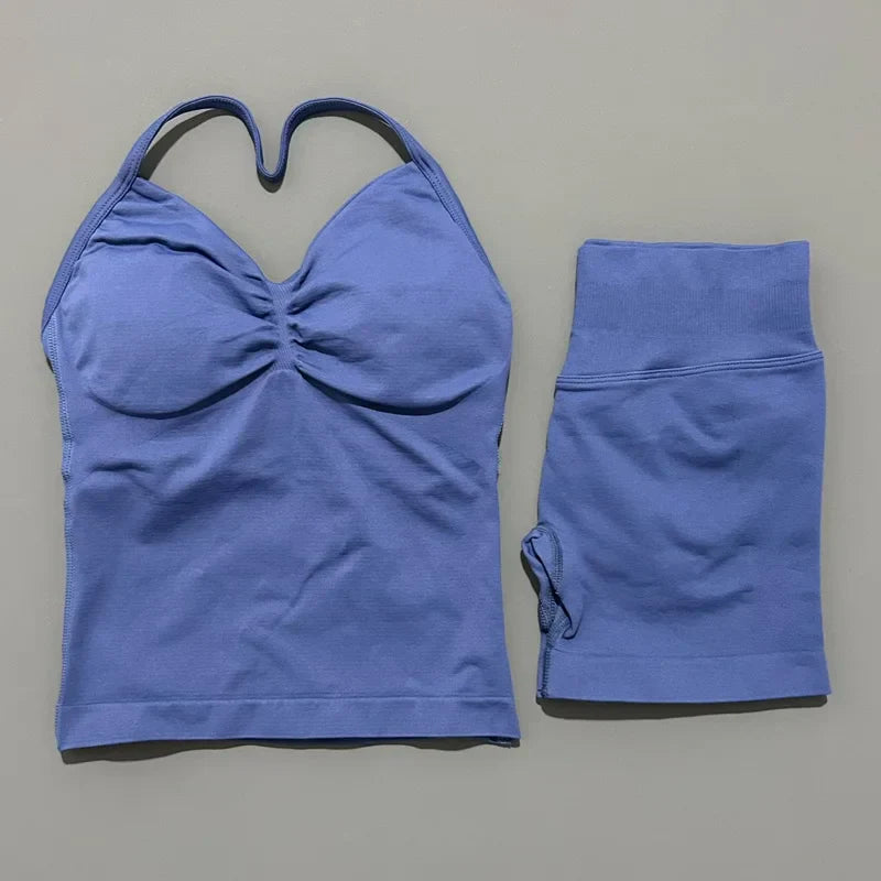 2 Piece Sports Set Women Seamless Yoga Tank With Removable Pads Top Scrunch Butt Workout Leggings Suit Gym Sports Sets