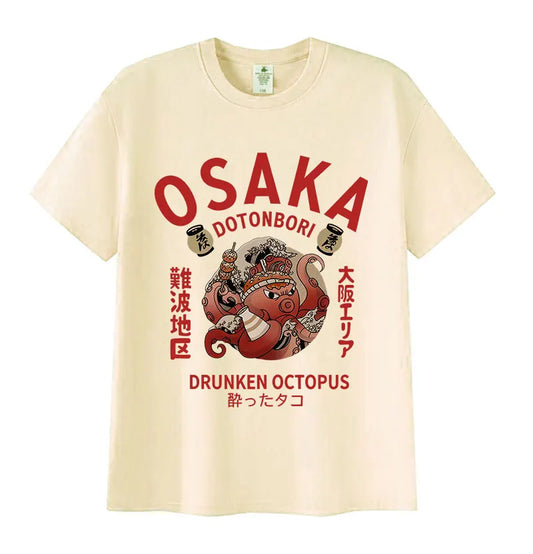 Vintage Osaka Dotonbori Funny Graphic T-Shirt 90s Japanese Drunken Octopus Harajuku T-shirts Men Women Oversized Cotton T Shirt