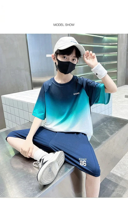 Summer Boys Gradient Quick-dry T-Shirt Top+Shorts Pant Sportswear Set School Kids 2PCS Tracksuit Children Jersey Outfit 5-16 Yr