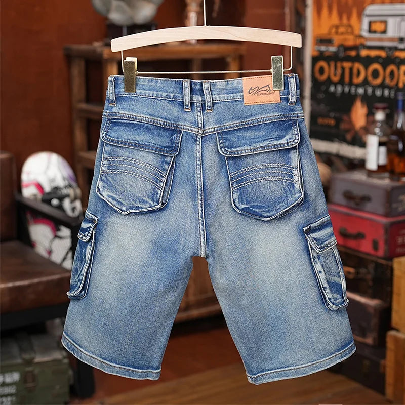 American Style Workwear Denim Shorts Summer Elastic Outdoor Trendy Brand Multi-pocket Loose Shorts Y2k Street Knee-high Pants