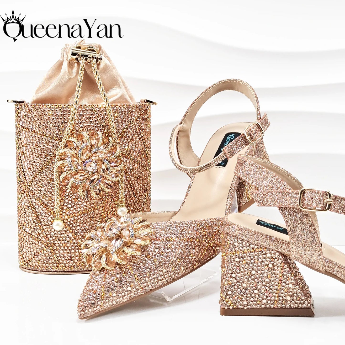 Fashion Design High-end Women's Shoes with Diamond Oval Stand Bag Women's High Heels for Special Day or Work