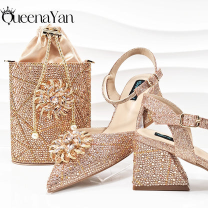 Fashion Design High-end Women's Shoes with Diamond Oval Stand Bag Women's High Heels for Special Day or Work