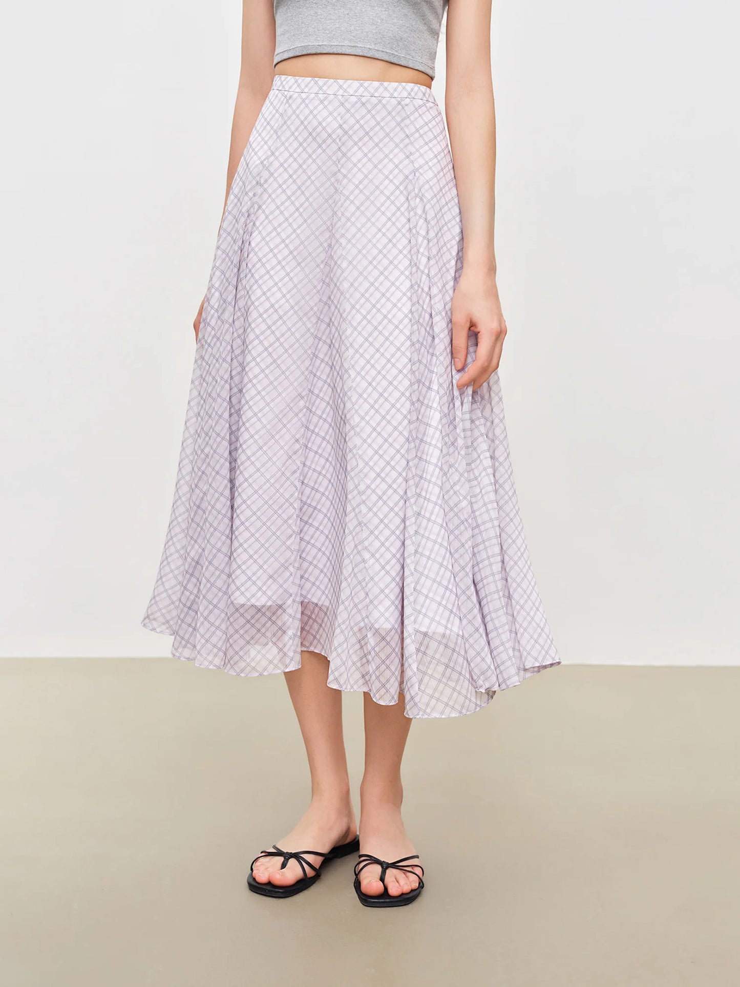 2026 Summer Women's Lilac Plaid High Waist A-Line Skirt for Daily and Resort Wear