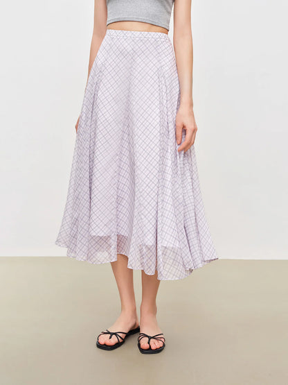 2026 Summer Women's Lilac Plaid High Waist A-Line Skirt for Daily and Resort Wear