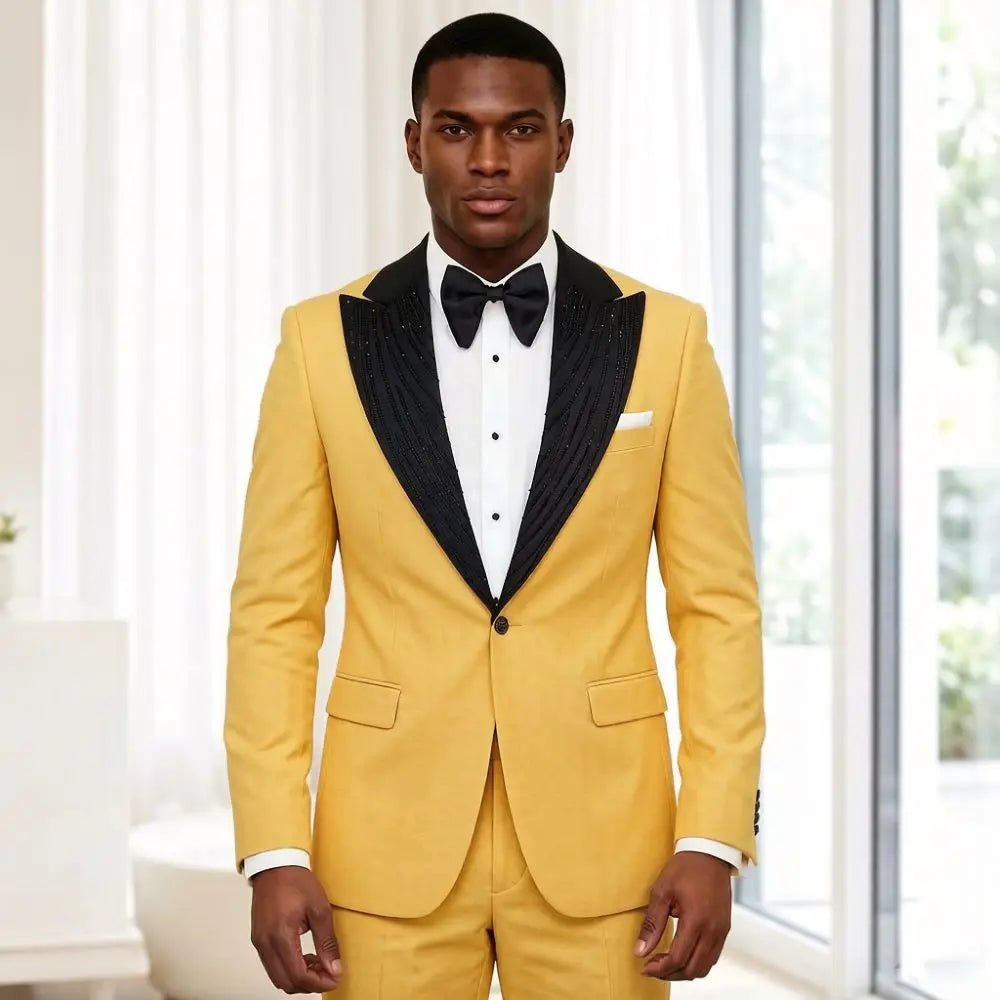 2 Pieces Men Suits Slim Fit Beaded Wedding Prom Tuxedo Shawl Lapel Single Decorative Button Formal Groom Party Office Wear