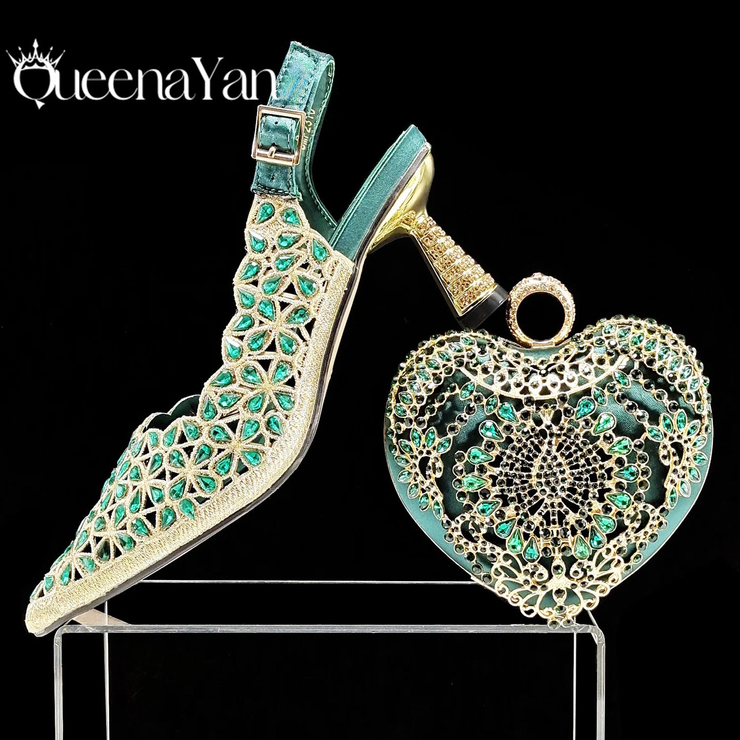 Fashion Design Heart Shape Three-Dimensional Hard Bag and Sexy Stiletto Shoes Shiny Rhinestones