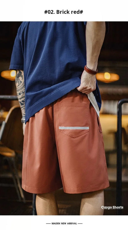 Men's Outdoor Casual Cargo Shorts Elastic Waist Drawstring Shorts with Reflective Strip and Multiple Pockets Loose Bottoms