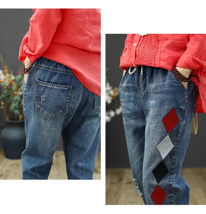 Summer Females Luxury Embroidery Jeans Womens Fashion Vintage Ripped Denim Trousers Loose Holes Elastic Harem Pants