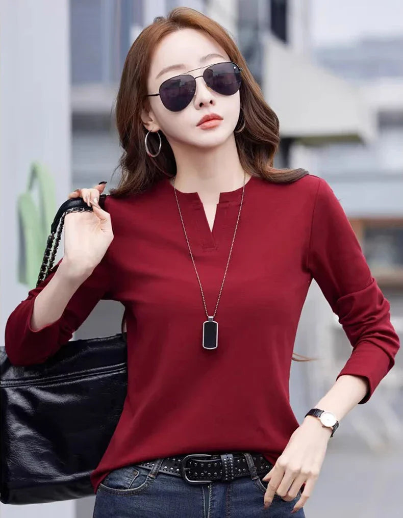 Spring and Autumn All Seasons Women's Long sleeved T-shirt Wine Red Pure Cotton New Fashion Large V-neck Slim fit Casual Top 3XL
