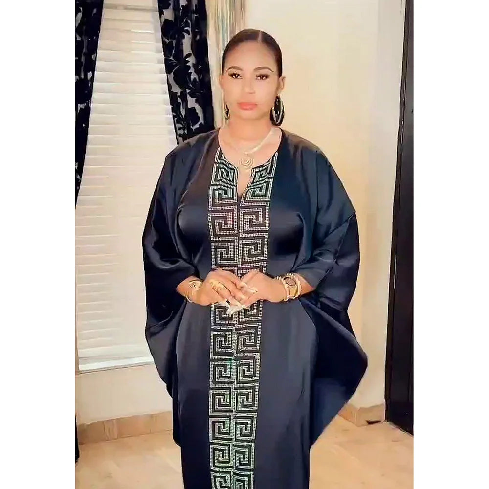 Fashion African Woman Large Size Bat Sleeve Dress Muslim Islamic Style Robe Imitation Silk Hot Fix Rhinestone