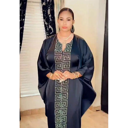 Fashion African Woman Large Size Bat Sleeve Dress Muslim Islamic Style Robe Imitation Silk Hot Fix Rhinestone