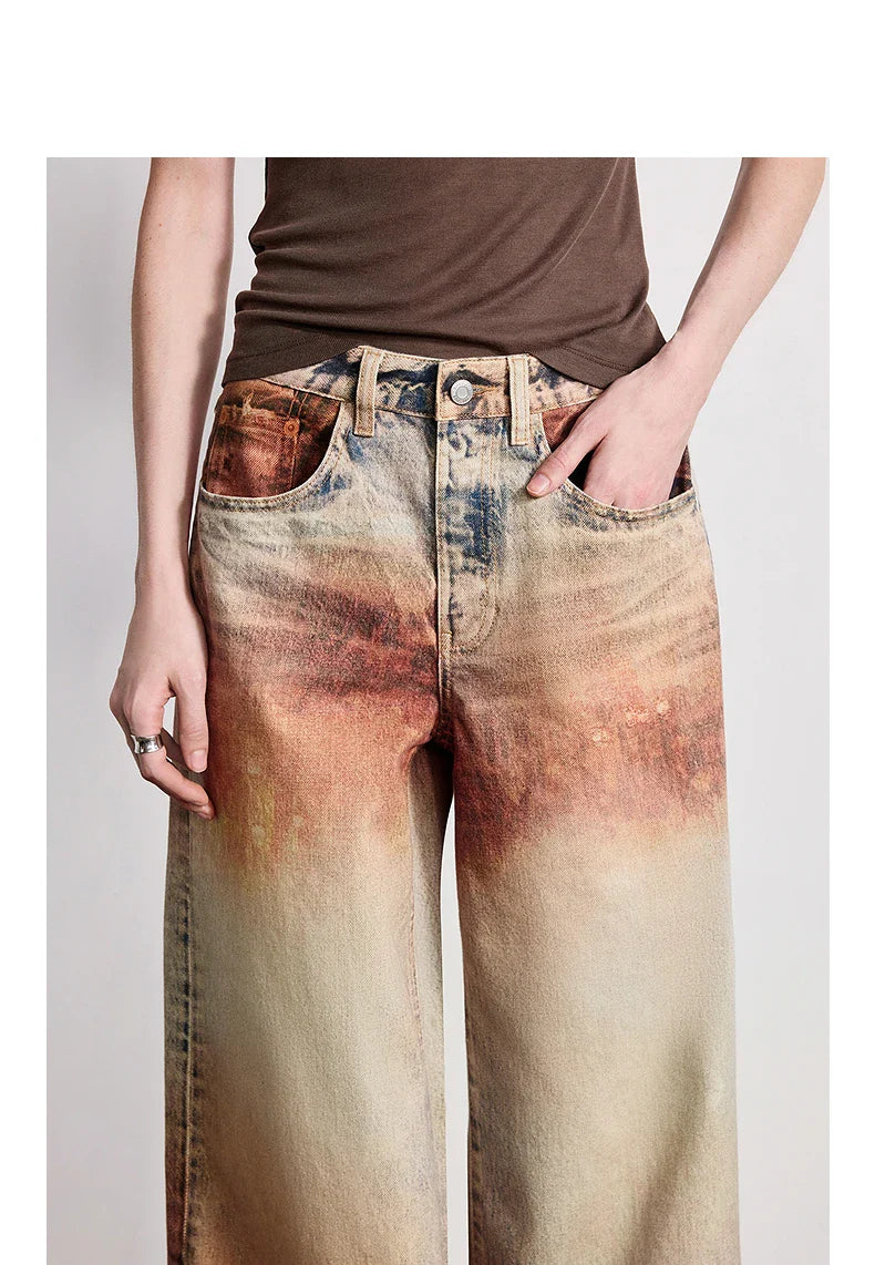 Women Jeans 2026 Spring New Wilderness Wasteland Style Mid Low Waist Loose Printed Wide Leg Pants