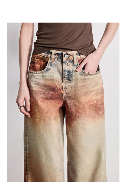 Women Jeans 2026 Spring New Wilderness Wasteland Style Mid Low Waist Loose Printed Wide Leg Pants