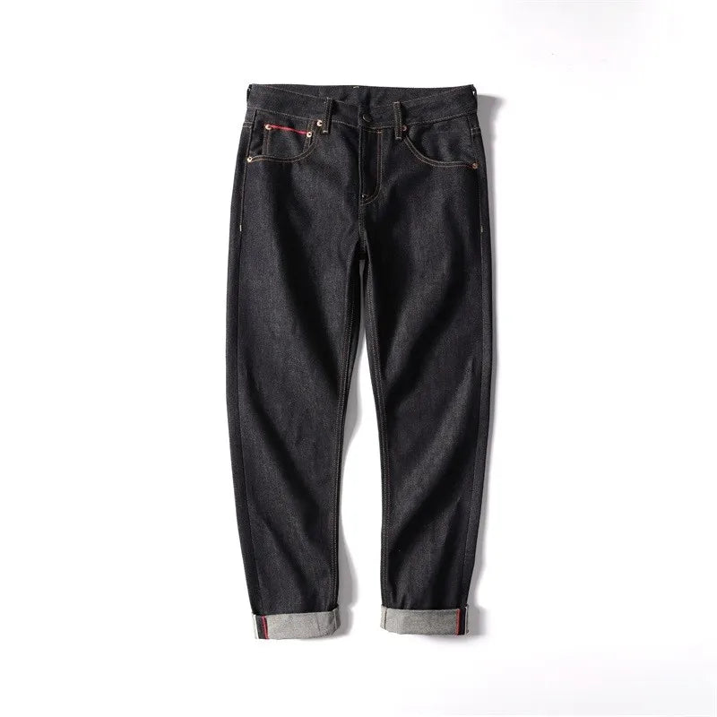 Men's Japanese Handmade Embroidered Jeans Pure Cotton Straight Tube Hip-Hop Popular Slim Red Ears Show Thin Trousers Devil Black