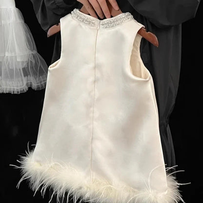 Girls Satin Feather Princess White Dress Clothes Baby Kids Birthday Party Gown Kids Formal Outfit Children Summer Costumes