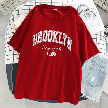 Brooklyn New York 1898 City Letter Print Female T-Shirt Street Breathable Tops Oversized Clothes Comfortable O-Neck Short Sleeve