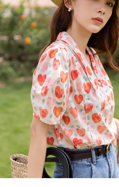Korean Chic Fashion Women Stylish Blouses Summer French Sweet Retro Floral Polo-neck Puff Sleeves Tops MXB27C0450