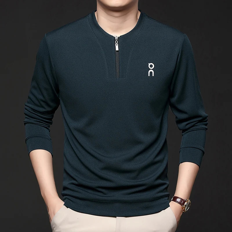 Long Sleeved T-shirt Sweatshirt Men's Autumn New Item Business Casual Skin Friendly Elastic Top Men's Zipper Bottom Shirt