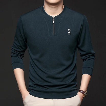 Long Sleeved T-shirt Sweatshirt Men's Autumn New Item Business Casual Skin Friendly Elastic Top Men's Zipper Bottom Shirt