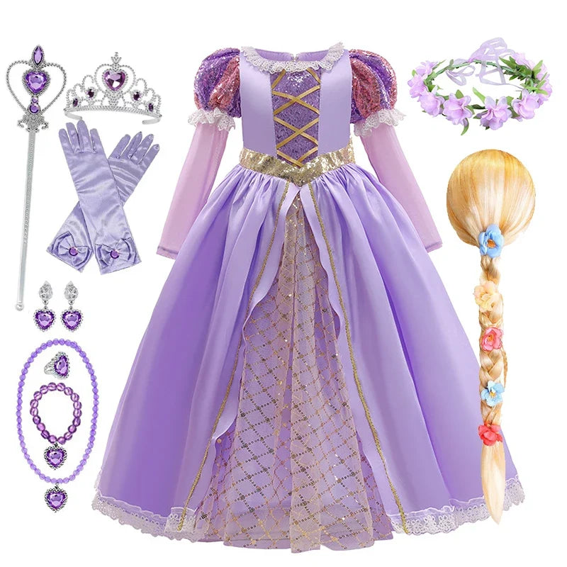 Girls Disney Rapunzel Dress Kids Tangled Disguise Carnival Girl Princess Costume Birthday Party Gown Outfit Clothes 2-10 Years