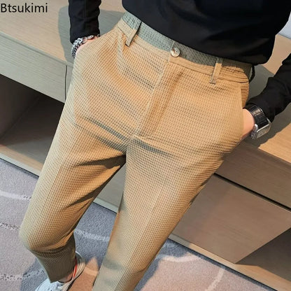 2026 High-grade Men's Solid Suit Pants Spring Summer Korean Style Pocket Straight Nine Split Pants Male Business Casual Trousers
