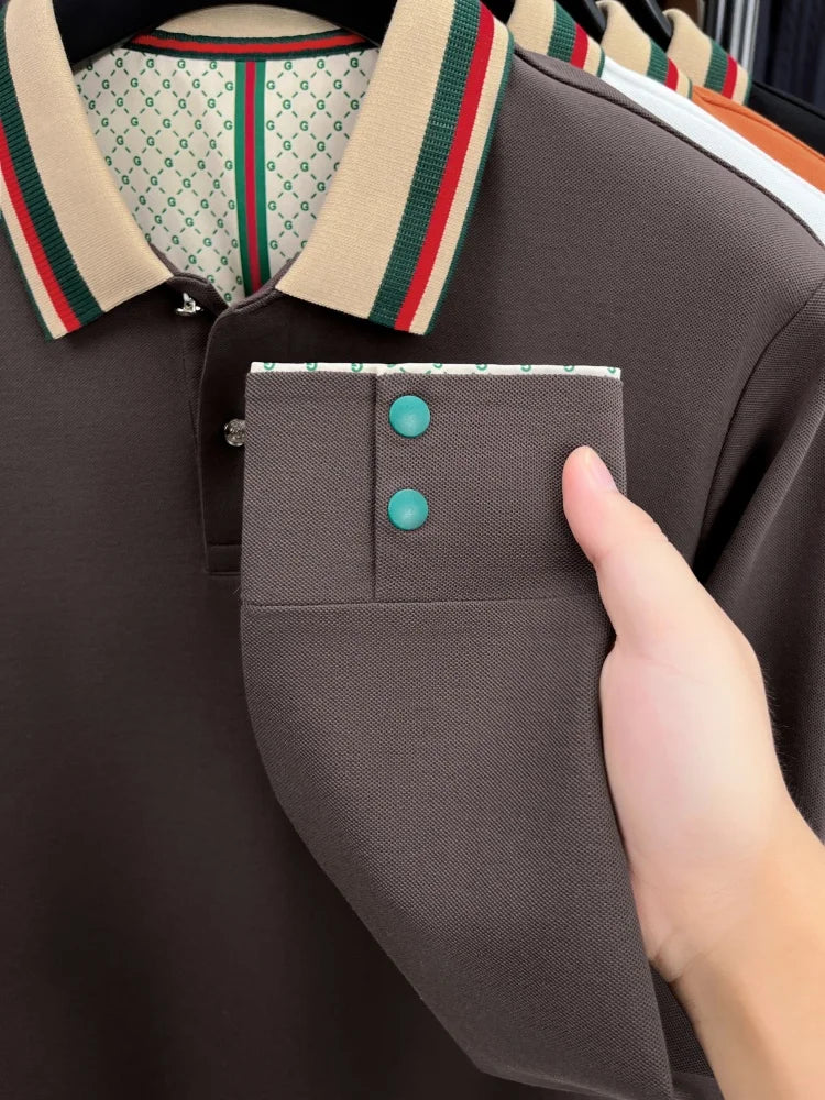 High end men's long sleeved polo shirt autumn fashion brand bee embroidery new business and casual color blocked lapel T-shirt